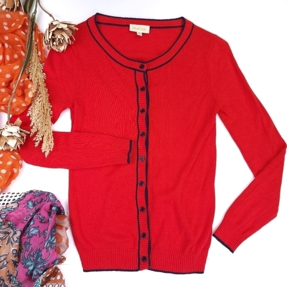ModCloth Red Navy Trim Cardigan Sweater Sz Xs